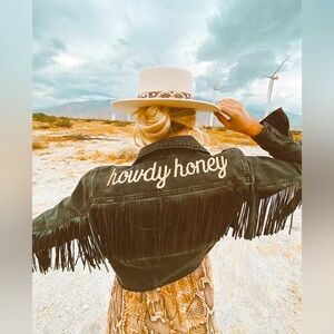 NWOT Black Fringe Western Country Denim Jacket SMALL Howdy Honey Embroidery